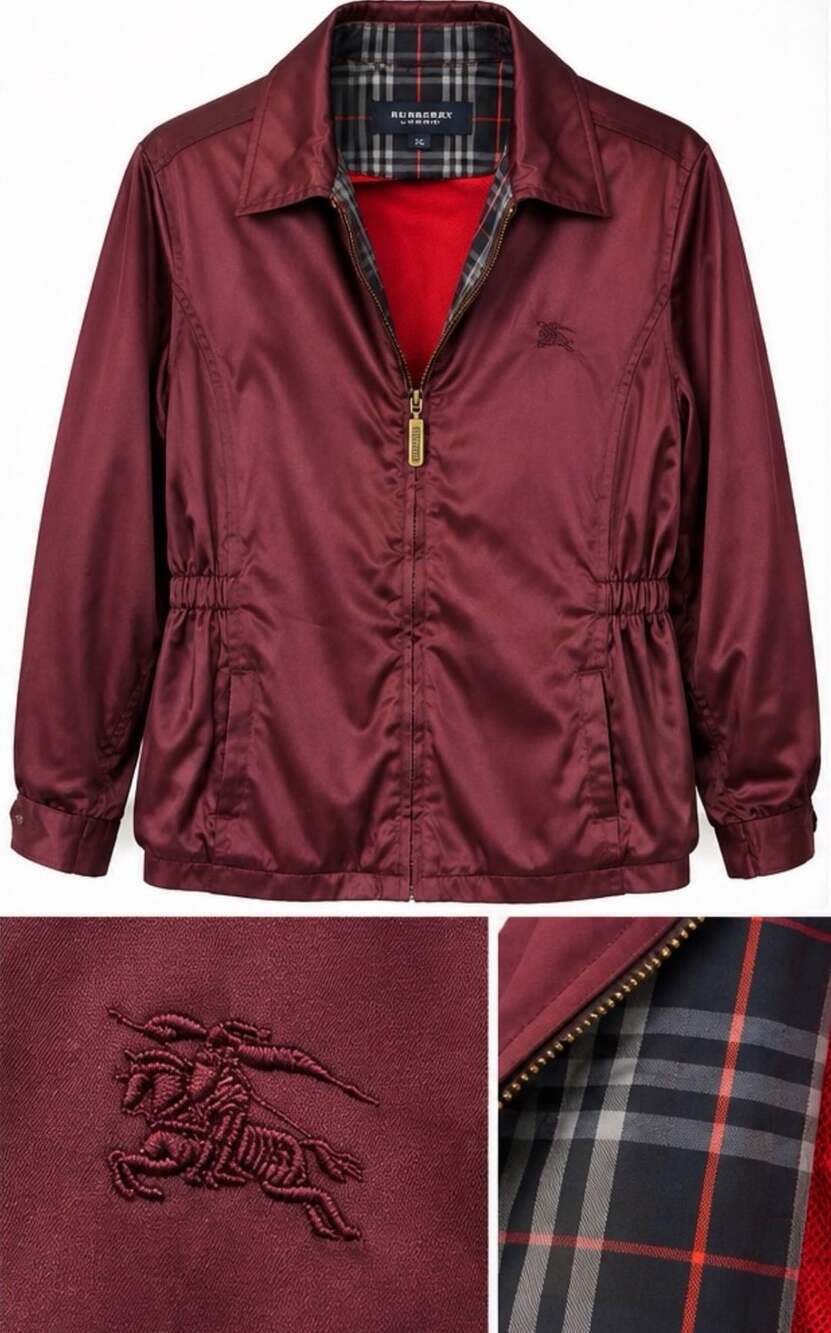 Burberry London Maroon Satin Windbreaker Jacket Plaid NovaCheck Lined XLVintage